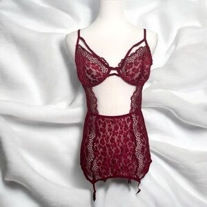 Elegant Lace Burgundy Lingerie Caged Dress L
